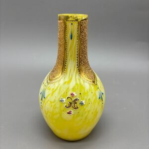 Antique Bohemian Spatter Glass Bud Vase Art Nouveau Gilt Enamel Painted Flowers
